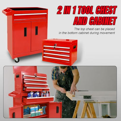 Torin 5-Drawer Rolling Tool Chest: Metal Tool Box with Wheels, Removable Top Tool Box, Liner, Adjustable Shelf and Locking Mechanism for Garage Workshop,Red - style: Metal Tool Box/Red