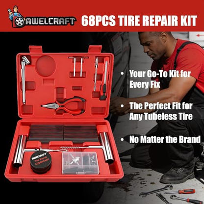 AWELCRAFT 68-Piece All-in-One Heavy Duty Tire Plug Kit – Professional Tire Repair Set, T-Handle Tools, Valve Kit, 40 Plugs, Pliers, Knife – Universal for Car - size: 68 Piece Repair Kit