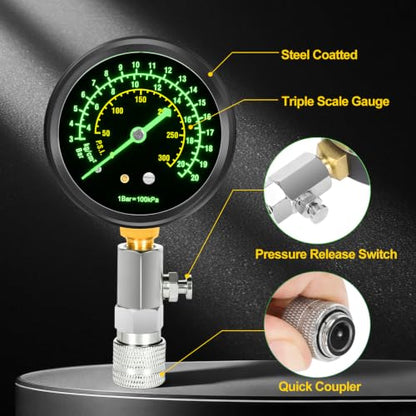 BETOOLL 13PCS Compression Tester Kit with Fluorescent 300PSI Triple-Scale Gauge & 2 Spark Plug Testers, Automotive Engine Cylinder Pressure Gauge for Gas Car Truck ATV Small Engines