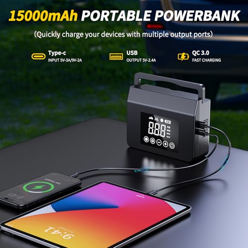 4000A Jump Starter with Air Compressor, 150PSI 12V Smart Portable Car Jump Starter(All Gas/8.0L Diesel), 15000mAh Power Bank & Jumper Cables, LED Light,Type-C Quick Charge