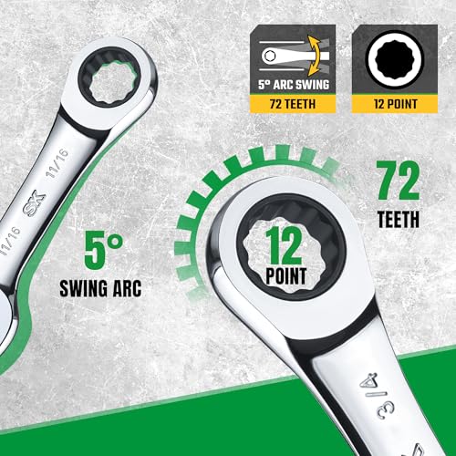SK Stubby Ratcheting Wrench Set, Combination Wrench Set, 7-Piece, SAE 3/8" to 3/4", 72-Tooth, CR-V Steel, with Rolling Pouch - size: SAE