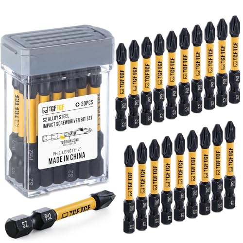 TGFTGF 20-Piece #2 Phillips Bits, 2 Inch S2 Alloy Steel Phillips Impact Driver Bits, Magnetic CNC Machined Tips PH2 Bits, Long-Lasting Torque Transfer Driver Bit Set With Storage Box, Automotive Home