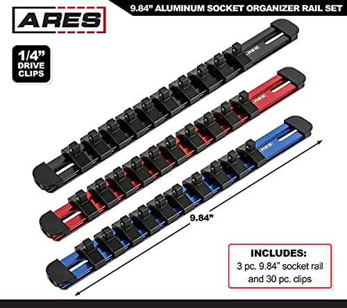 ARES 60099 1/4-In Red/Blue Socket Rail Locking | Part No. 60099; Includes Red, Blue, and Black Rails; Each Aluminum Rail Stores up to 10 Sockets - color: Multi, size: 1/4-Inch Drive