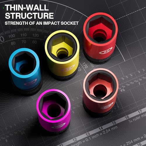 5 Pieces 1/2 inch Drive Impact Lug Nut Socket, Metric/SAE 17mm 19mm 21mm 13/16’’ 7/8’’ Thin Wall Deep Socket Set with Non-Marring Wheel Protectors - size: Metric/SAE