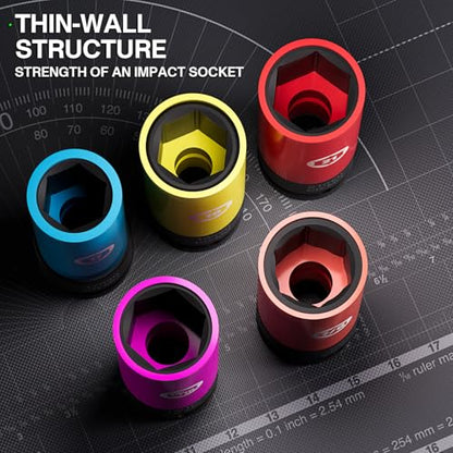 5 Pieces 1/2 inch Drive Impact Lug Nut Socket, Metric/SAE 17mm 19mm 21mm 13/16’’ 7/8’’ Thin Wall Deep Socket Set with Non-Marring Wheel Protectors - size: Metric/SAE