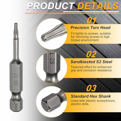HARFINGTON 10pcs T7 Torx Head Screwdriver Bit 1/4" Hex Shank 2" (50mm) Long Magnetic No Hole Tip Tamper Proof 6 Point Star Screw Driver Drill Bits S2 Steel Industrial Power Screwdrivers - size: T7 x 2"