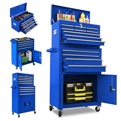 13 Drawer Rolling Tool Chest with Double Door, 2 in 1 Detachable Tool Box with Lock, Heavy Duty Rolling Tool Cabinet with Wheels & Brakes, Mechanic Tool Cart Organizer for Garage,Gift for Men (Blue) - color: Blue