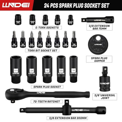 LLNDEI 3/8" Drive Spark Plug Socket Set, SAE 5/8", 3/4", 13/16", 24Pcs | Metric 14mm, 18mm, Spark Plug Socket, Include 2 Extension Bar, Universal Joint ADA, CR-V Steel Engine Repair, Tire Changes - size: 24Pcs spark plug socket set with torx socket set