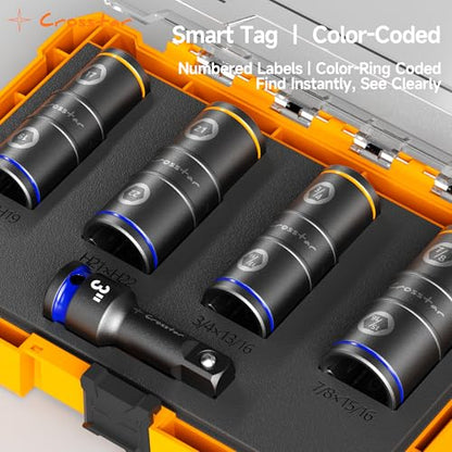 Crosstar 1/2" Drive Impact Flip Socket Set | Thin Wall Lug Nut Remover - 8 Sizes for Universal Fit | Cr-Mo Steel Non-Marring Design | Wheel Lock Removal Tool for Trucks & SUVs