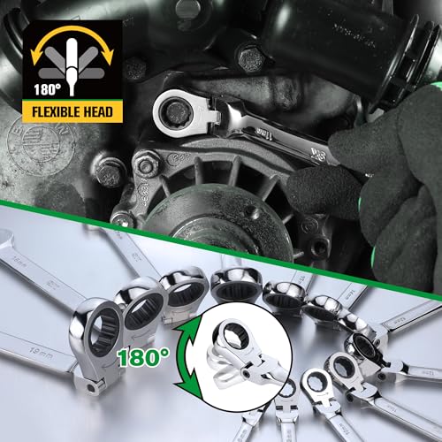 SK Flex-Head Ratcheting Wrench Set, Combination Wrench Set, 12-Piece, Metric 8 to 19mm, 72-Tooth, Premium CR-V Construction, with Rack Organizer - size: Metric