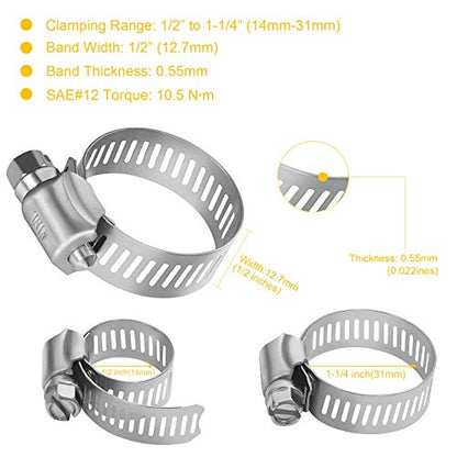 WINL Stainless Steel Hose Clamps - 16 Pack Worm Gear Drive Hose Clamps SAE 12 Clamping Range of 1/2'' to 1-1/4'' (14mm-31mm) for Automotive Plumbing, 1/2 Inch, 3/4 Inch, 1 Inch Clamps - size: SAE#12 (1/2" ~ 1-1/4")