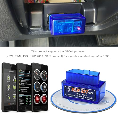 ELM327 OBDII Car Auto Diagnostic Scanner, OBD2 Bluetooth Scan Tool Mini Engine Fault Code Reader, Wireless Interface Adapter Portable Diagnostic Tool for Most OBDII Vehicles