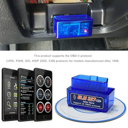 ELM327 OBDII Car Auto Diagnostic Scanner, OBD2 Bluetooth Scan Tool Mini Engine Fault Code Reader, Wireless Interface Adapter Portable Diagnostic Tool for Most OBDII Vehicles