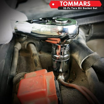 TOMMARS 16-Piece 3/8" Drive Conventional Torx Socket Set | T10, T15, T20, T25, T30, T40, T50, and T55, Long Torx Bit Socket Set ,S2 Alloy Steel - style: Torx Bit Socket