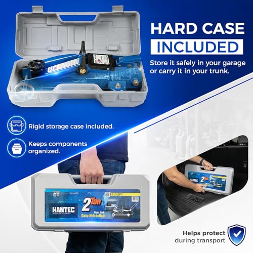 Hantec - 2 Ton Hydraulic Floor Jack - Trolley Lift with Safety Valve, Swivel Wheels, and Hard Carrying Case - 4,400 lbs Capacity - Blue