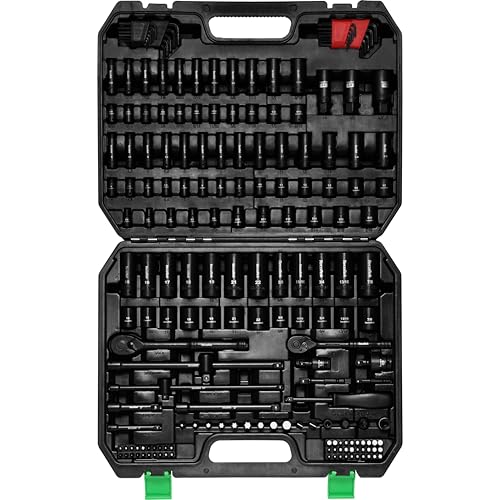 TecoTek 1/4" & 3/8" Dr. Impact Socket Set, 189 Piece Socket Wrench Set Mechanic Tools, Metric and SAE Full Set, CR-V, Deep & Shallow Socket with Ratchet Handle, Spark Plug Socket, Bits for Mechanic - size: 189-Piece 1/4" & 3/8" Drive Socket Set