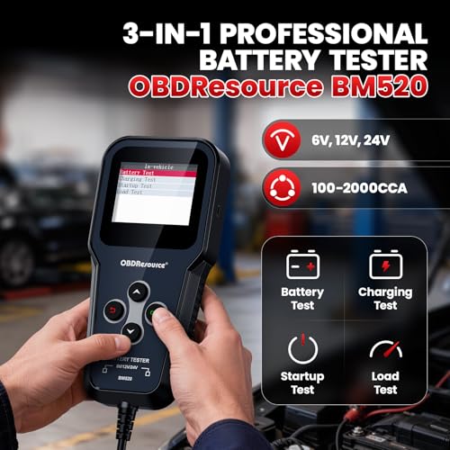 OBDResource Professional Car Battery Tester 6V 12V 24V - 3-in-1 Automotive Analyzer with 100-2000 CCA, Load/Cranking/Charging/Alternator Test - color: red