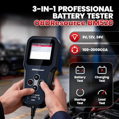 OBDResource Professional Car Battery Tester, Automotive Battery Analyzer | 6V/12V/24V 3 in1 Battery Tester, Covers 100-2000 CCA For Load, Cranking, Charging And Alternator Tests - color: red