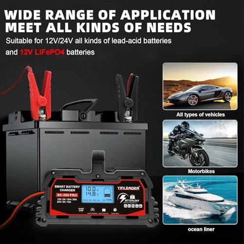 Battery Charger 20A, 12V/24V Lead Acid Smart Battery Charger, 12V LiFePO4 Car Battery Trickle Charger, Automatic Battery Maintainer for Car Motorcycle Lawn Mower Marine Boat Lead Acid Batteries - size: 20A