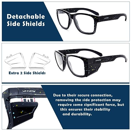 UKNOW Safety Glasses - Anti Fog Lenses - Eye Protection with Side Shields - ANSI Z87.1 Protective Eyewear - UV Protection - color: Black With Blue & Yellow Splatters