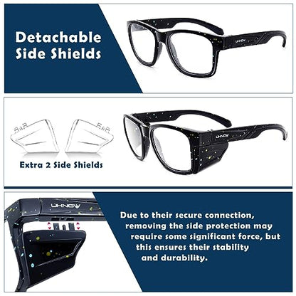 UKNOW Safety Glasses - Anti Fog Lenses - Eye Protection with Side Shields - ANSI Z87.1 Protective Eyewear - UV Protection - color: Black With Blue & Yellow Splatters