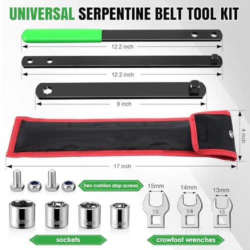 Meonum Universal Serpentine Belt Tool Kit, Includes 3/8" & 1/2" Drive Belt Adjust Tightener Wrench Set, 4 Shallow Sockets, 3 Crowfoot, Tensioner Wrench & Removal Tool Auto Repair, Maintenance(Green) - color: Green