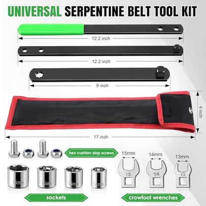 Meonum Universal Serpentine Belt Tool Kit, Includes 3/8" & 1/2" Drive Belt Adjust Tightener Wrench Set, 4 Shallow Sockets, 3 Crowfoot, Tensioner Wrench & Removal Tool Auto Repair, Maintenance(Green) - color: Green
