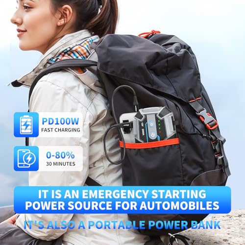 Car Battery Jump Starter 2000A with USB C 100W Fast Charge IP67 Waterproof Battery Jumper Starter Portable for Car Emergency Magnetic Hook Led Lights Outdoor Camping Traveler Boat SUV Truck
