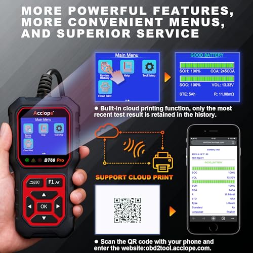 BT60 PRO Car Battery Tester 6V/12V/24V, 2–120Ah, 100–3000 CCA, AGM/Gel/Lithium, Digital Analyzer, QR Cloud Report (No App), Alternator & Starter/Charging System - color: Black-Red