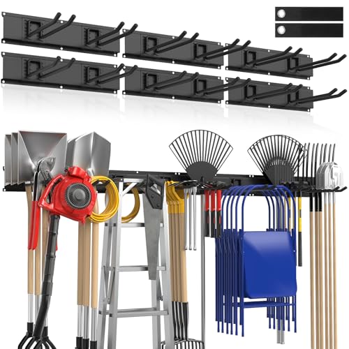 Housolution Garage Wall Organizer 96 Inch - 20Pack Carries 720 lbs | Garage Tool Storage System, 6 Rails with 12 Adjustable Metal Hooks, Garden Yard Shed Rack for Rake Broom Mop Snowboard