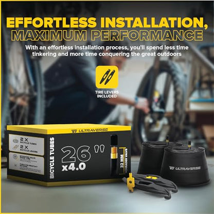 Ultraverse 20x4.0, 24x4.0, 26x4.0, 20x3.0, 26x3.0, 16x4.0/3.0, Inner Tubes | Schrader Valve, Ideal for Mountain Bikes & E-Bikes with Fat Tires, Durable & Reliable 2 Pack with Tire Levers - size: 26 inch x 4.0