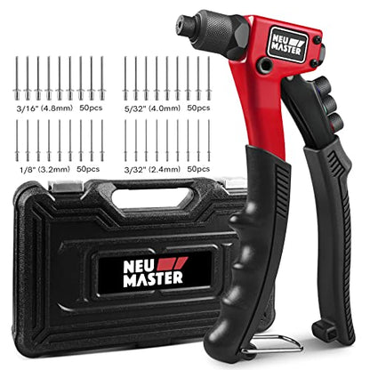 NEU MASTER Rivet Gun with 200 Rivets, Heavy Duty Manual Rivet Gun Kit, 4 Tool-free Interchangeable Heads with Carrying Case, One-hand Pop Riveter for Metal, Plastic, Leather & DIY