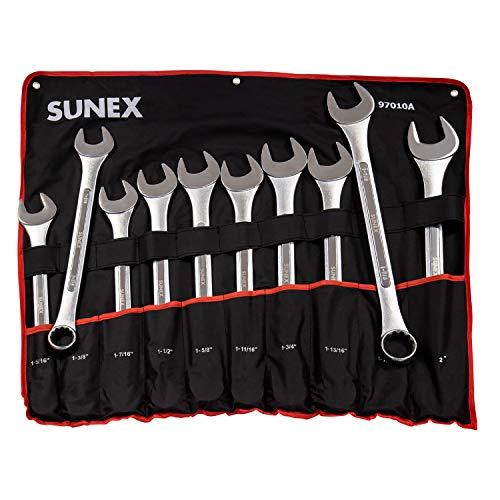 Sunex Tools 97010A SAE Raised Panel Jumbo Combination Wrench Set, 1-5/16-Inch - 2-Inch, Fully Polished, 10-Piece (Includes Roll-Case) - size: SAE, style: Jumbo Combination Wrench Set 10-Piece