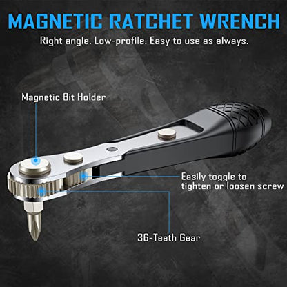 GreaTalent 37in1 S2 Steel Mini Ratchet Wrench Screwdriver Bit Set with 1/4" Hex Shank Phillips/Pozidriv/Hexagon/Torx/Slotted/Square Bits, 36-Tooth Gear, Magnetic Bit Holder, 90 Degree Drive Handle
