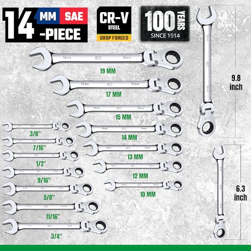 SK Flex Head Ratcheting Wrench Set, SAE 3/8"-3/4", Metric 10-19mm, 14-Piece | Ratchet Wrenches Set 72-Tooth, Combination Wrench Set, Chamfered Head Design, Premium CR-V Steel, Roll-Up Pouch - size: METRIC&SAE