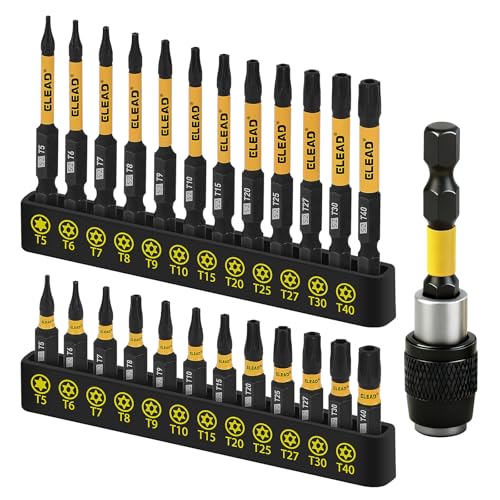 Tamper Proof Torx Bit Set: 25 Pieces T5-T40 Torx Security Bits Set | Torque Star Bits with 2.5" Magnetic Extension Bit Holder and Storage Box | S2 Steel - color: 25-piece Yellow
