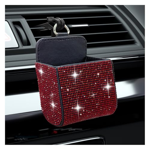 Bling Car Air Vent Storage Organizer, Car Vent Storage Pouch Box Leather Pocket with Hook for Women, Sparkly Rhinestone Auto Dashboard Cell Phone Holder for Sunglasses, Key, Coin (Red) - color: Red