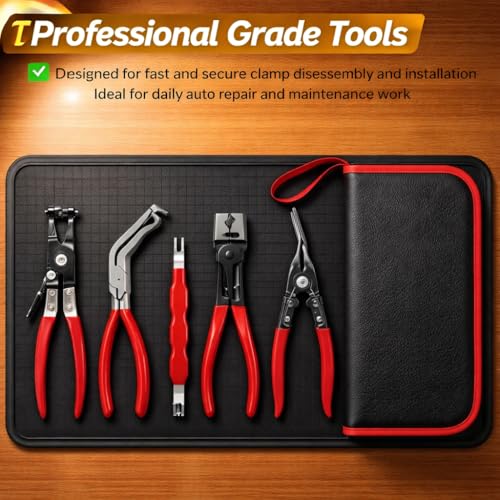 5PCS Automotive Electrical Disconnect Pliers Kit with Leather Storage Case | High-Carbon Steel Connector Separator, Hose Clamp & Trim Clip Removal Tools, Professional Set for Auto Repair & Maintenance