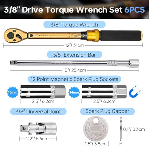 3/8-Inch Drive Torque Wrench Set, 5-50 FT.LB(6.8-67.8 Nm), Magnetic Spark Plug Socket Set, 12-Point Sockets 14mm & 16mm, Spark Plug Gap Tool, ±3% Accuracy, 72-Tooth Torque Wrench for Motor, Car Repair - size: 3/8″ 6PCS
