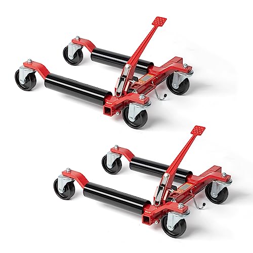 TUFFIOM Car Wheel Dolly Jack Set of 2, Mechanical 3000-lbs Car Skates, 12'' Wheel Vehicle Positioning Jack, Heavy Duty Rollers with Ratcheting Foot Pedal for Tire Auto Repair Moving, Red - color: Red, Set of 2
