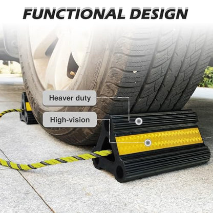 Wheel Chocks for Travel Trailers Camper RV Truck Car, Solid Rubber Sturdiness Heavy Duty Simple Easy to Use, Tires Chock Block Stopper with Nylon Rope Yellow Reflective Tape [8.2" 2pair/4pack] - size: 8.2" 2pair