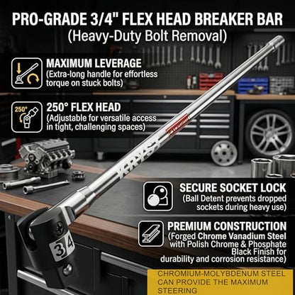 41-Inch 3/4” Drive Breaker Bar, Heavy Duty Extension Breaker Bar, 250° Rotatable Head, Premium Chromium Molybdenum Steel, Mechanical Work, Automobile and Motorcycle Maintenance and Repair - size: 3/4" 41 in
