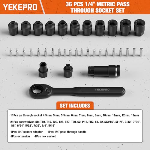 37Pcs 1/4" Metric Pass-Through Socket Set with Reversible Ratchet | Non-Slip Extractor Sockets for Damaged & Stubborn Fasteners - size: 37PCS 1/4" Metric