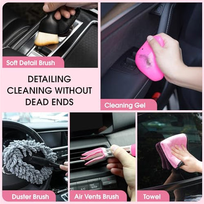25pcs Car Cleaning Kit, Pink Interior Detailing Kit with High Power Vacuum Portable Cordless, Handheld Vacuum Cleaner for Home, Car, Pet Hair, Keyboard, Complete Auto Accessories for Gift