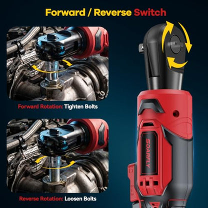 SOARFLY 3/8" Cordless Ratchet Wrench, Power Ratchet Tool Set, 60 Ft-Lbs(80N.m) Electric Ratchet Wrench with 2 * 2000mAh Lithium Batteries, 7 Sockets, LED Light, 1/4" Adapter, 3" Extension Bar - color: Deep Red