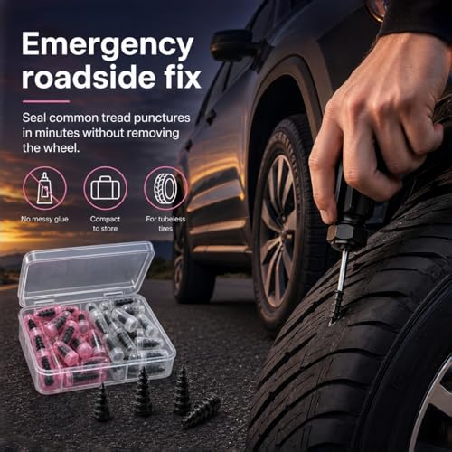 Screw in Tire Plugs Kit, 60PCS Self-Service Flat Tire Repair with Screwdriver, Tire Patch Kit Heavy Duty Professional Quick Tool with Storage Case for Car Truck Motorcycle ATV Tractor