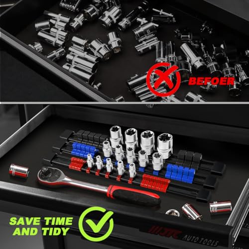 3-Piece Socket Organizer Rail Set, Heavy Duty Socket Holder for 1/4", 3/8", 1/2" Drive, 43 Clips Spring Loaded Ball Bearings for Metric & SAE Sockets, Portable Tool Tray for Toolbox Drawer - size: 3 Pcs
