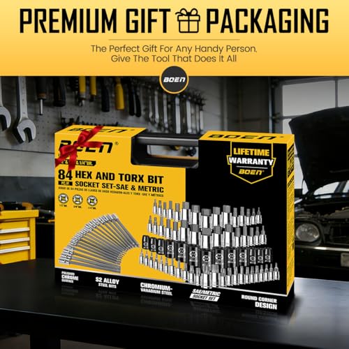 BOEN 84-Piece Master SAE/Metric Allen and Torx Bit Socket Set | 1/4″, 3/8″, 1/2″ Drive | Includes Ball End Hex & E-Torx Sockets | S2 & CR-V Steel