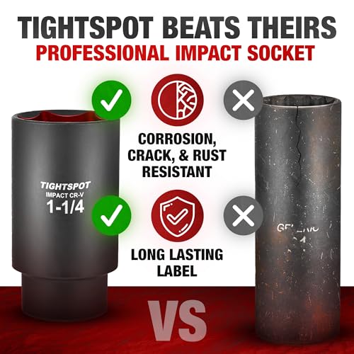 TIGHTSPOT 1/2" Dr 1 1/4 Inch Deep Socket, Anti-Round 6-Pt, CRV Steel - size: 1/2” Drive 1 1/4” Deep Impact Socket - 6pt, style: 1/2" Drive Deep Socket