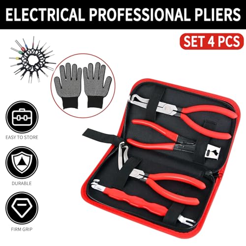 4 Piece Automotive Electrical Disconnect Pliers Kit, High-Carbon Steel Connector Separator Tool with Straight & 60° Tips, Hose Clamp Plier & 18pcs Pin for Cars SUVs Fuel Line Repair (Storage Box)